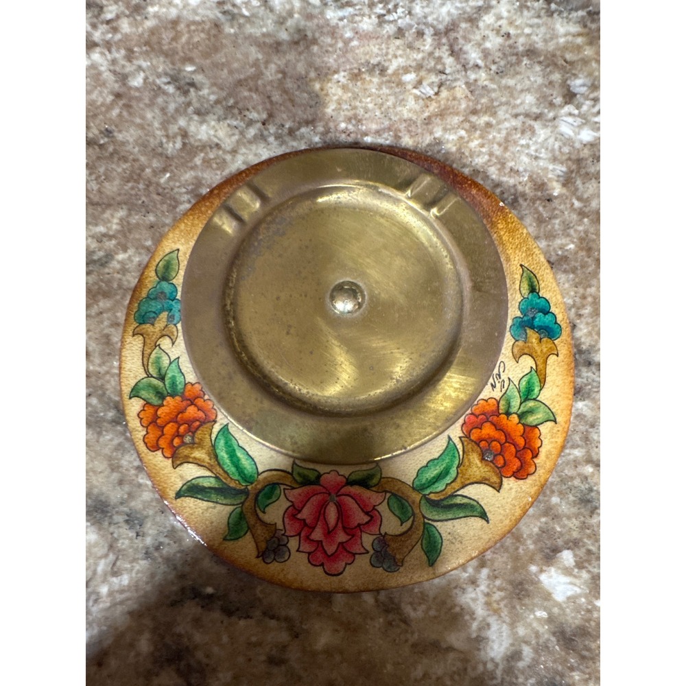 Hand Painted Floral Brass Ashtray Vintage Decorative Home Decor